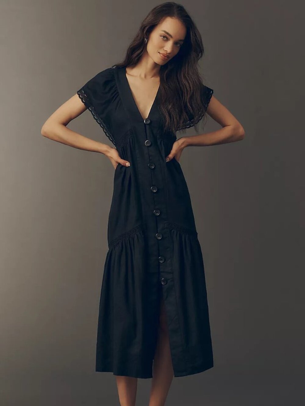 NWT Anthropologie Reneé Flutter-Sleeve Linen Dress in Black, Size 3X